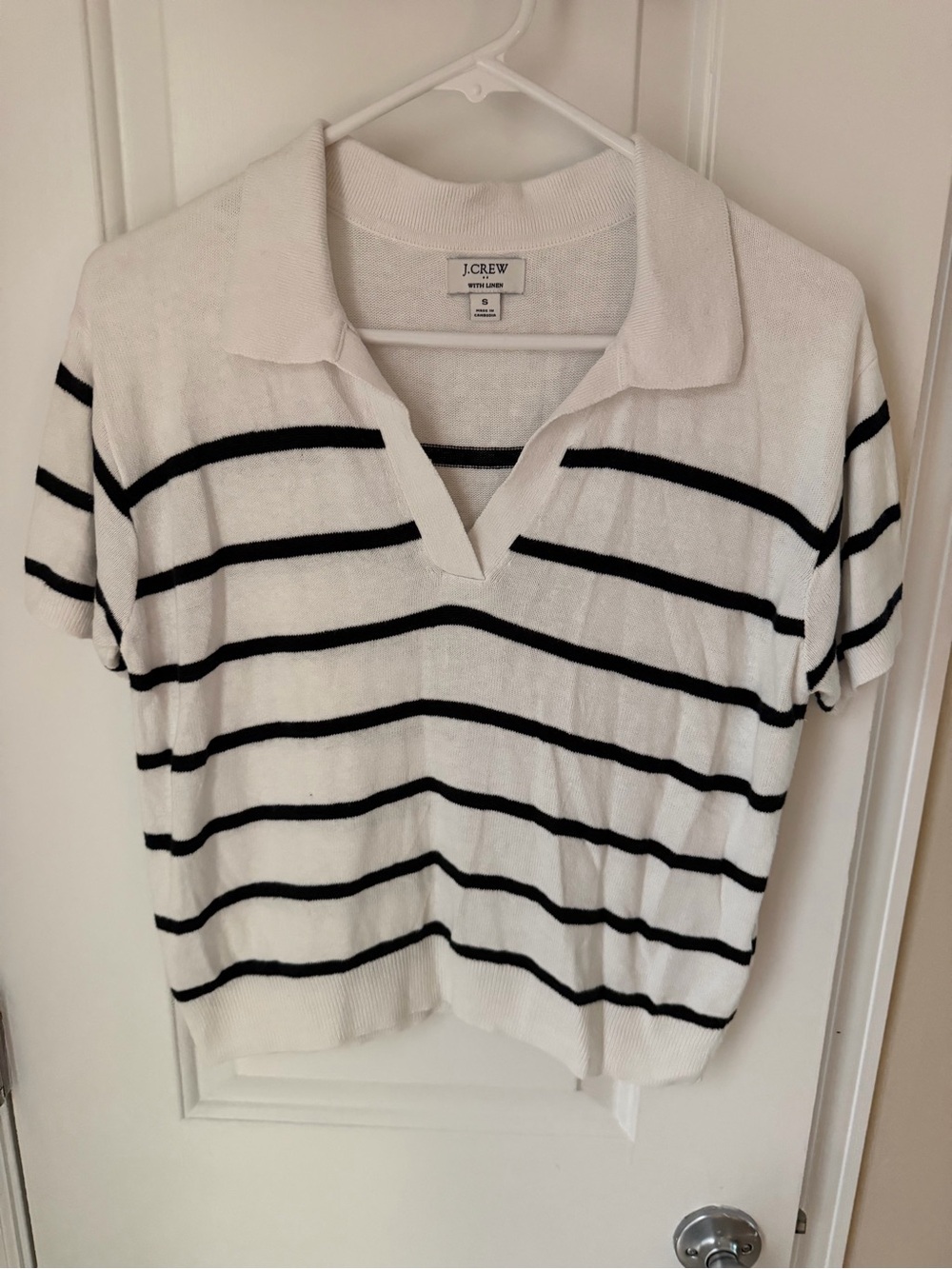 J. Crew White Short-Sleeve Collared Stripe Top